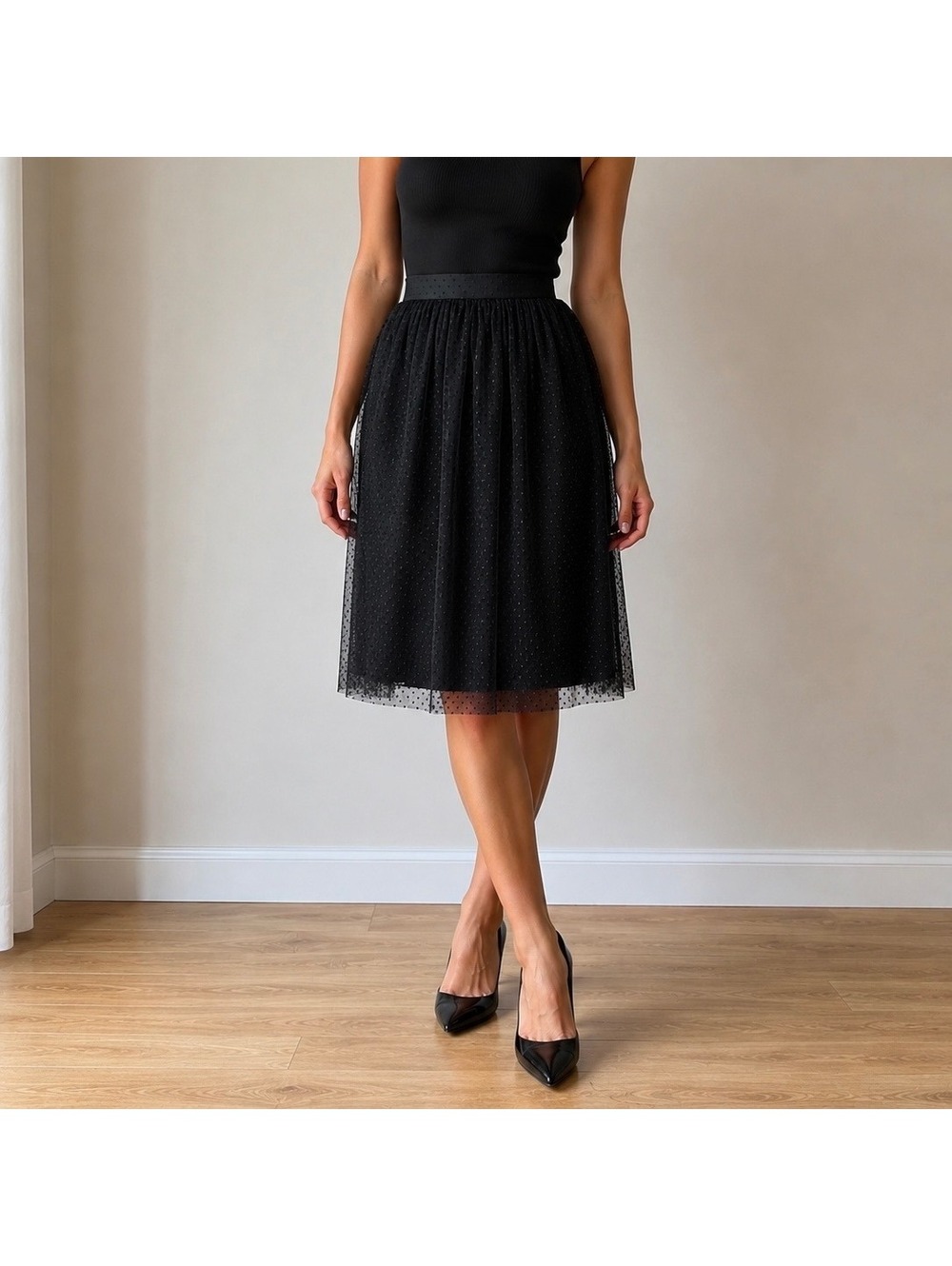 J. Crew black flocked dot tulle midi skirt black